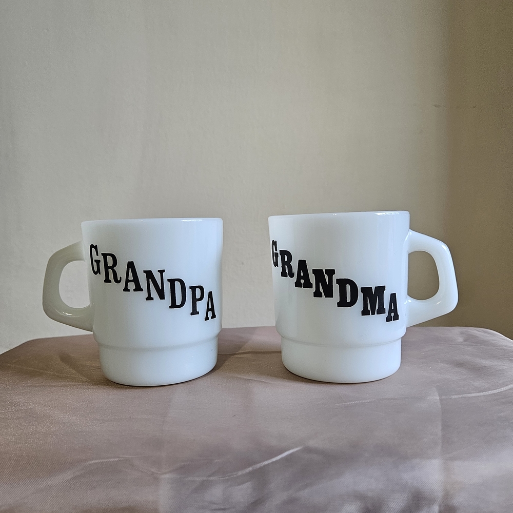 Vintage Milk‎ Glass 'Grandpa' and 'Grandma' Mugs